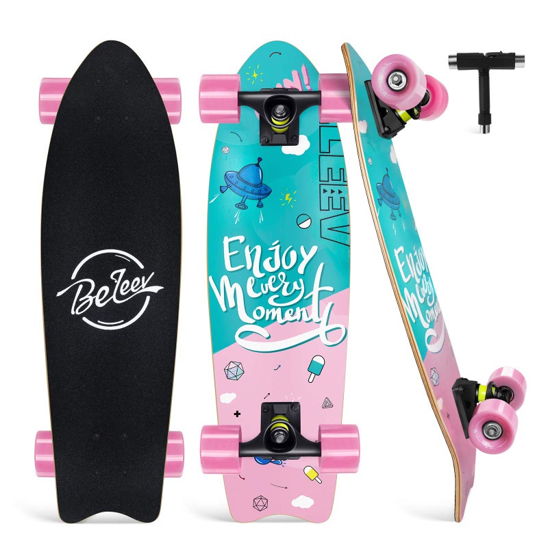 BELEEV Cruiser Skateboards for Beginners, 27 Inch Complete Skateboard for Kids Ages 3-12, Teens Adults, 7 Ply Canadian Maple Double Kick Deck Concave Trick Skateboard (Pink) - Image 1